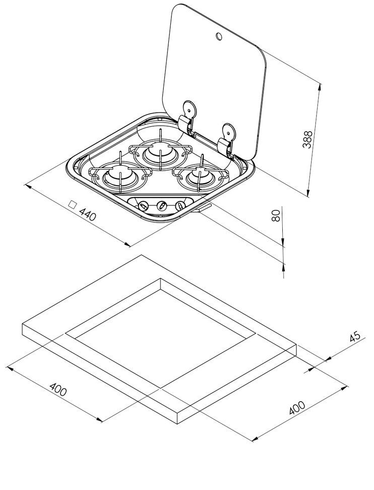CAN 3 Burner Hob with Glass Lid Stainless Steel