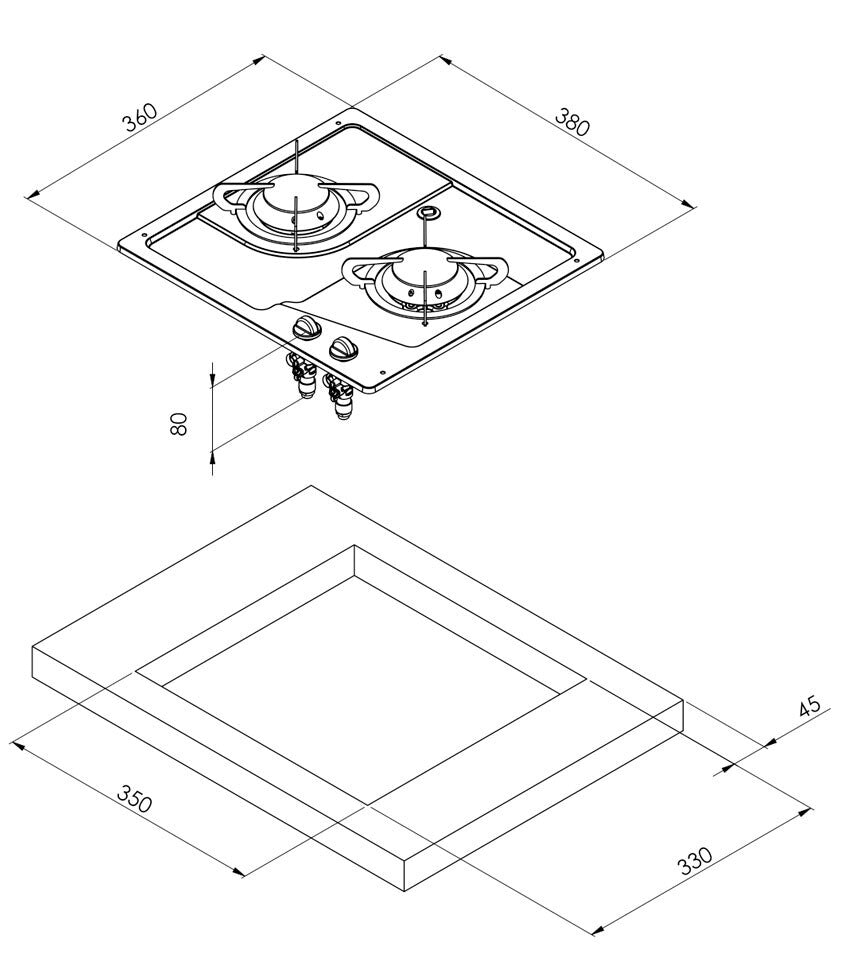 CAN 2 Burner Hob Flush Mounted Marine Stainless Steel