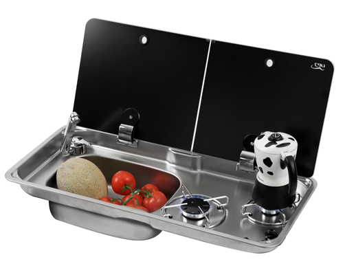 CAN 2 Burner Hob/LH Sink and Tap Combo with Glass Lid Stainless Steel