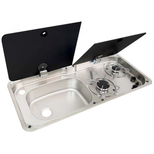 CAN 2 Burner Hob/LH Sink and Tap Combo with Glass Lid Stainless Steel