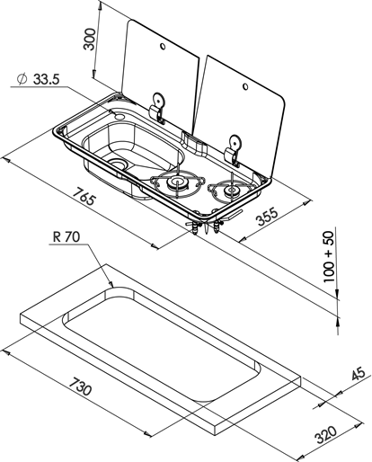 CAN 2 Burner Hob/LH Sink and Tap Combo with Glass Lid Stainless Steel