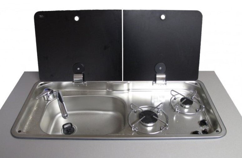 CAN 2 Burner Hob/LH Sink and Tap Combo with Glass Lid Stainless Steel