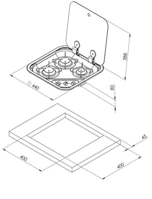 CAN 3 Burner Hob with Glass Lid Stainless Steel