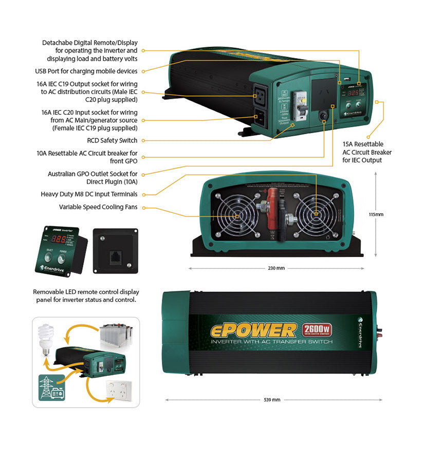 Enerdrive ePOWER True Sine Wave Inverter with AC Transfer 12V/2600W